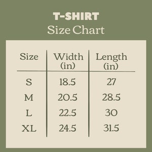 May include: T-shirt size chart with measurements in inches. The chart shows the width and length of the shirt in inches for sizes S, M, L, and XL.