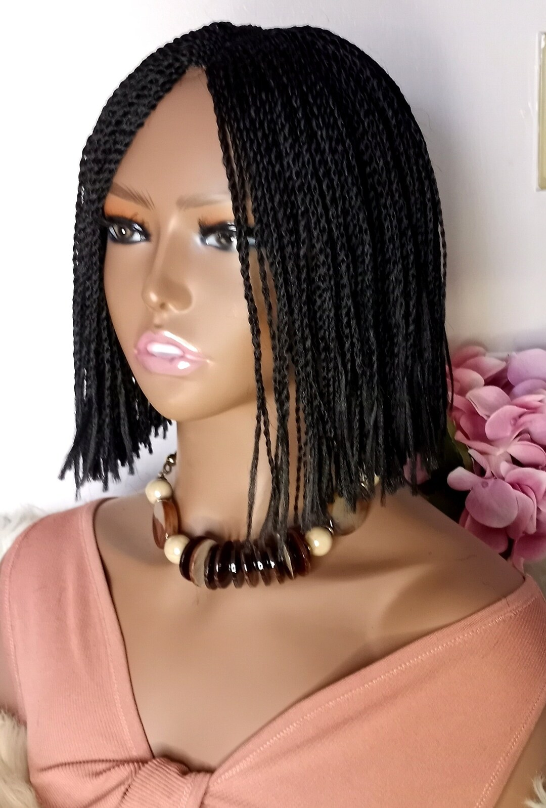 Short Black Color Bob Cut Senegalese Twist Braided Wig Chin Etsy