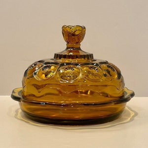 Vintage LE Smith Moon and Stars Amber Glass Covered Dish