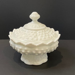 Vintage Fenton White Milk Glass Covered Candy Dish – Hobnail Pattern