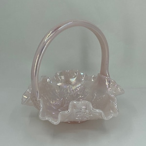 Fenton Vintage Pink Iridescent Ruffled Glass Basket Candy Dish