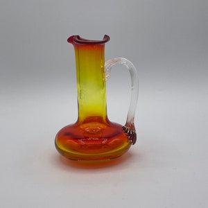Vintage Small Amberina Glass Pitcher with Clear Ribbed Handle - Beautiful Gradient Glassware
