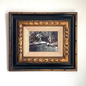 Vintage Winter's Night Landscape/Scene Oil Painting in Black and Gold Wooden Frame