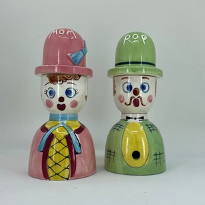 Vintage Relco Japan Mom and Pop Salt and Pepper Shaker/Egg Cup Holder Set