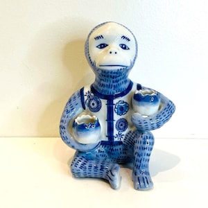 Vintage Blue and White Ceramic Monkey Candle Holder - Dual Taper Holders - Asian Stamp