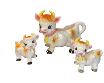 Vintage Set of Ceramic Cow Salt and Pepper Shaker and Creamer Our Own Import Japan Label