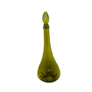 Vintage Olive Green Glass Decanter Carafe Genie Bottle with Stopper MCM