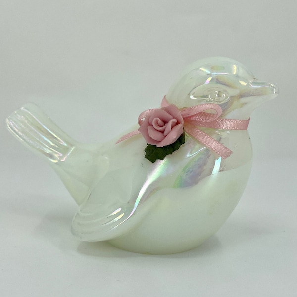 Fenton Vintage Opalescent Glass Bird Figure with Bow and Pink Rose Hand Made in USA