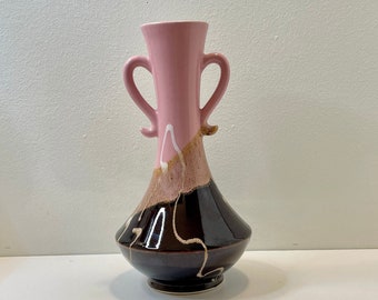 Vintage Pottery Pink Brown Drip Glazed Doubled Handled  Vase