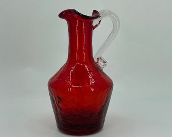 Ruby Red Crackle Glass Vintage Hand Blown Pitcher/Bud Vase/Creamer