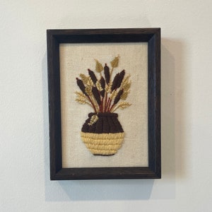 Vintage Handmade Rustic Wheat Embroidery in Dark Wood Frame – Fall Harvest Wall Art