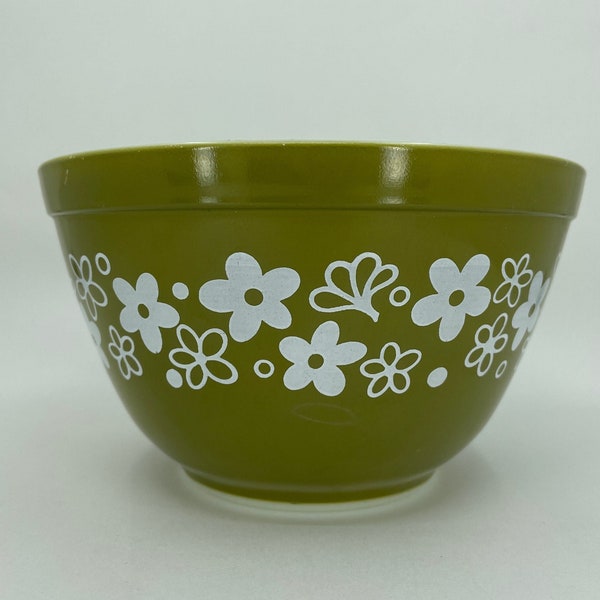 Green Pyrex Spring Blossom /Crazy Daisy Vintage 1 1/2 Pint 401 Mixing Bowl Corning NY USA