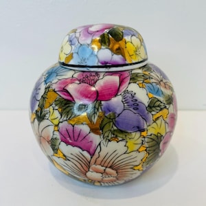 Hand-Painted Floral Ginger Jar with Lid and Gold Accents