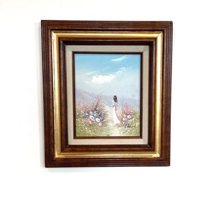 Original L. Keswick Painting of Woman in Floral Garden - Framed Art, Made in Mexico