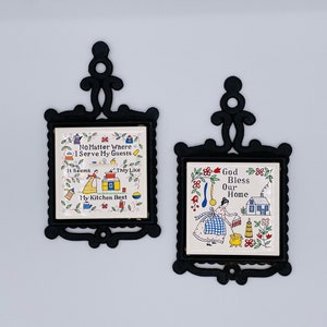 Pair of Vintage Cast Iron and Tile Wall Trivet Plaques - Made in Japan