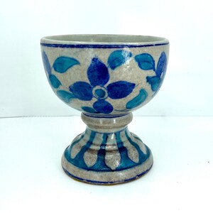 Vintage Blue and Turquoise Floral Glazed Pedestal Stoneware Taper Candle Holder