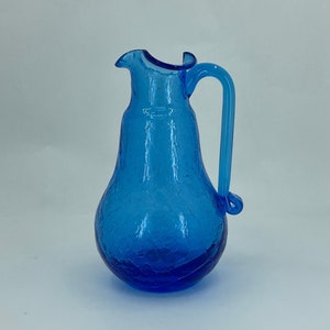 Cobalt Blue Crackle Glass Vintage Hand Blown Pitcher/Bud Vase/Creamer
