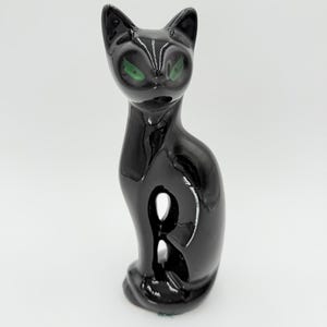 Vintage 10" Black Ceramic Cat Figurine – Glossy Finish with Green Eyes