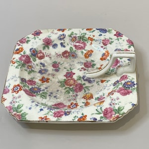 Cinzeiro vintage de cerâmica com estampa floral – Fabricado no Japão, com alça para o polegar