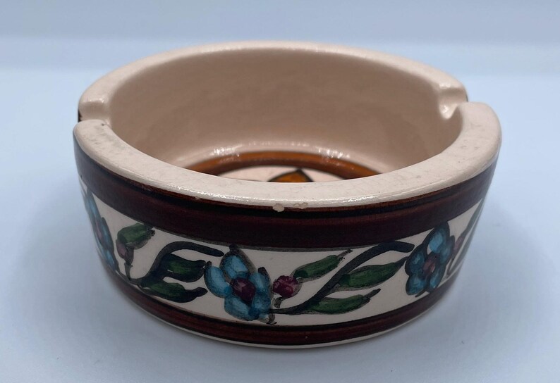 Vintage Studio Pottery Ashtray Handpainted Folk Art by Horesh, Made in