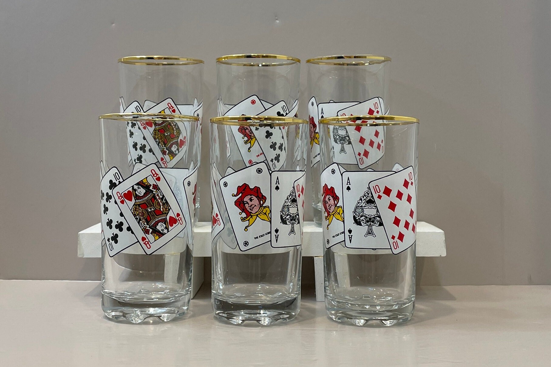 Vintage Set of Gold Leaf Poker MCM highball Glasses SET OF 6
