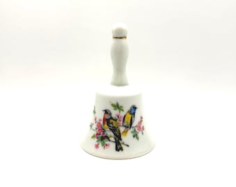Campanella vintage in porcellana con uccellini canori e fiori rosa, modello n. 185.