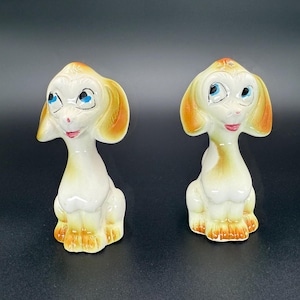 Vintage set keramische peper- en zoutvaatjes met lange hals voor puppy&#39;s