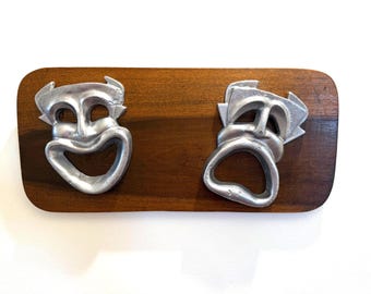 Vintage Comedy and Tragedy Masks Wall Plaque Cast Aluminum on Wood 1974