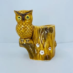 Vintage Owl Tree Log Ceramic Toothpick Holder MCM