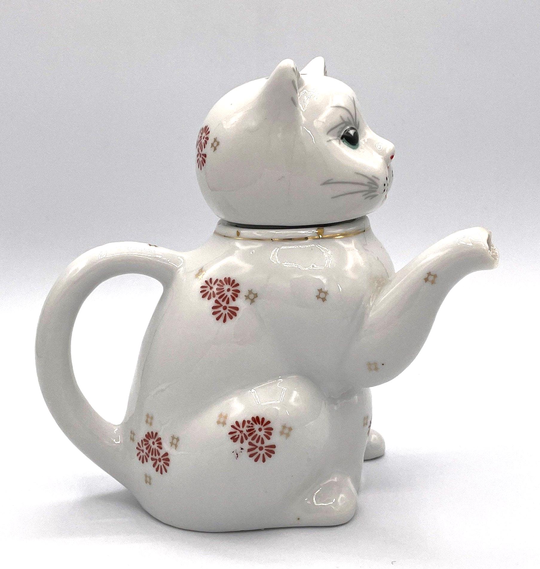 ヴィンテージ猫型ティーポット - 台湾製、取り外し可能な蓋、欠けや