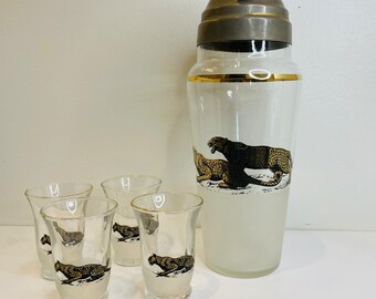 Vintage Frosted Glass Cocktail Shaker Gold Cheetah with 4 Shot Glasses MCM