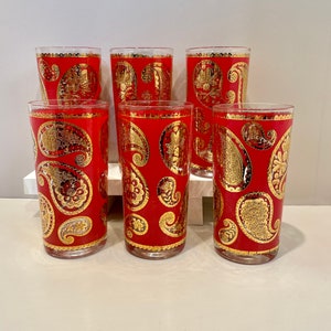 Vintage Set of six Culver Glasses With 22kt Gold Paisley Design High Ball