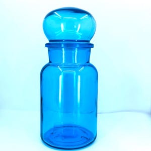 1970's  Blue Glass Belgium Apothecary Jar with Bubble Lid