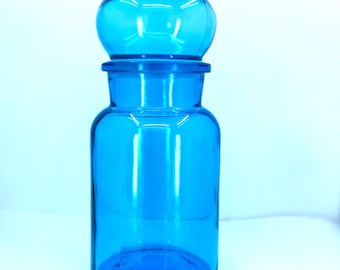 1970's  Blue Glass Belgium Apothecary Jar with Bubble Lid