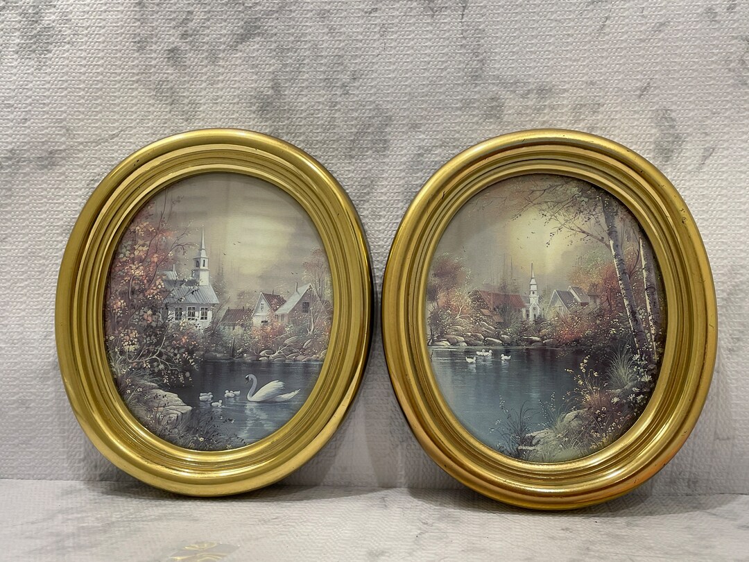 Vintage Homco Inc Home Interiors Gold Tone Oval Church Swan Scene ...