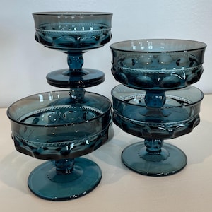 Vintage Set of 5 Indiana Glass King&#39;s Crown Thumbprint Compote Dishes - Blue