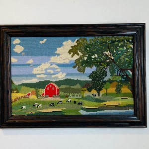 Vintage Completed and Framed Needlepoint/ Embroidered Barn Yard