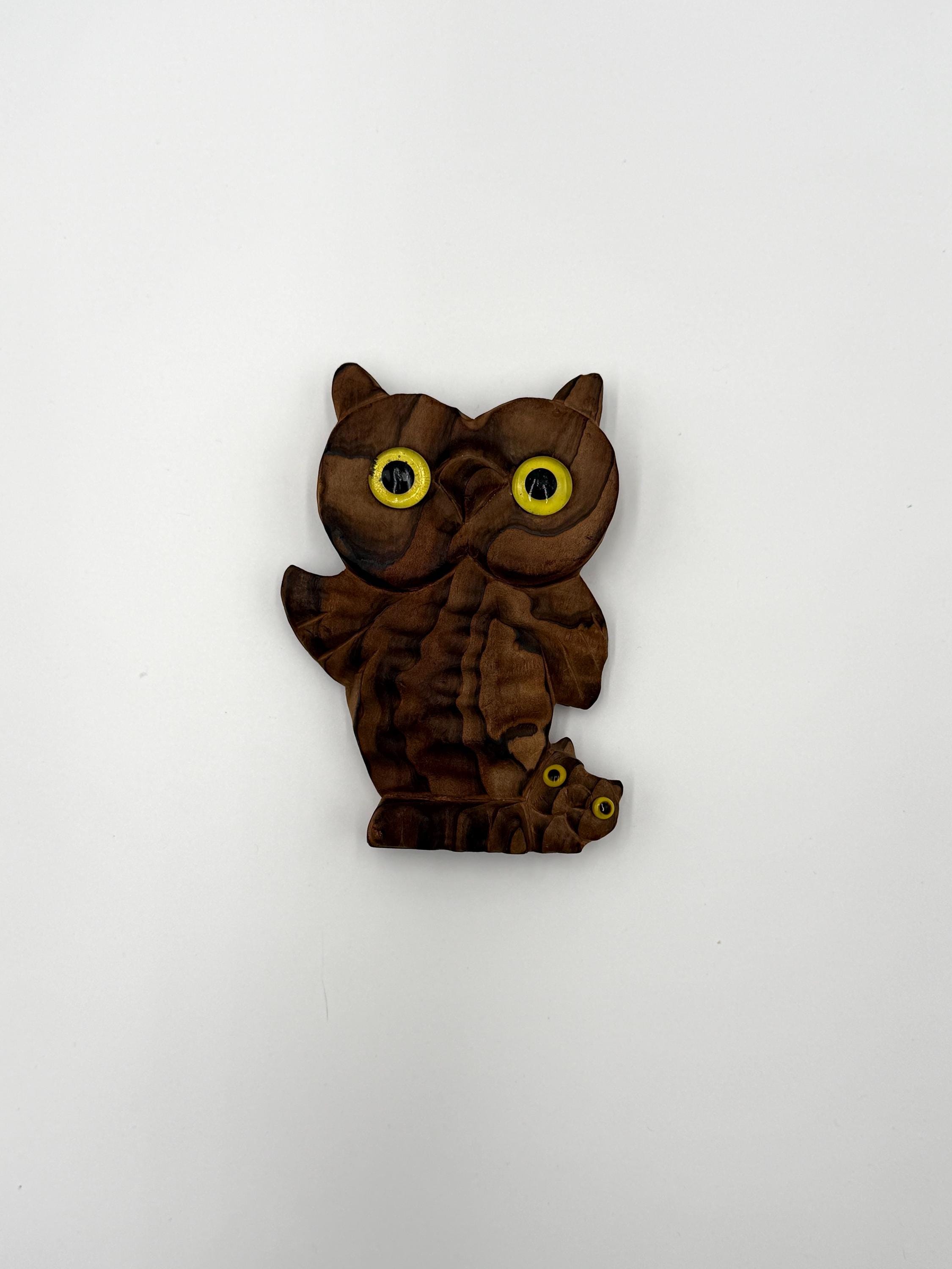 Vintage Hand Carved Wooden Owl with Baby Figurine Yellow Eyes