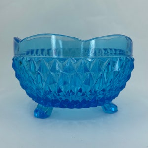 Vintage Indiana Glass Blue Diamond Point Footed Bowl