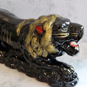 Vintage Black Glazed Redware Japan Lion Sculpture – Bold Mid-Century Modern Decor