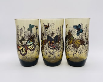 Vintage Set of 3 Libbey Smokey Brown Butterfly Drinking Glass Tumblers 1970s MCM