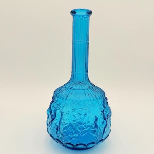 Vintage Empoli Blue Zodiac Glass Bottle - Made in Italy - No Stopper - Mid-Century Italian Art Glass