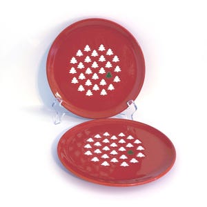 Red Christmas Tree Plates – Set of 2 Holiday Dessert or Salad Plates