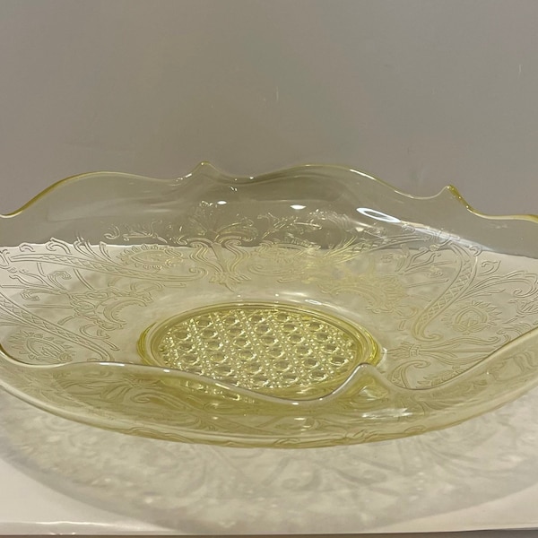 Vintage Lancaster Landrum Topaz Yellow Depression Glass Console Bowl Button Cane Base