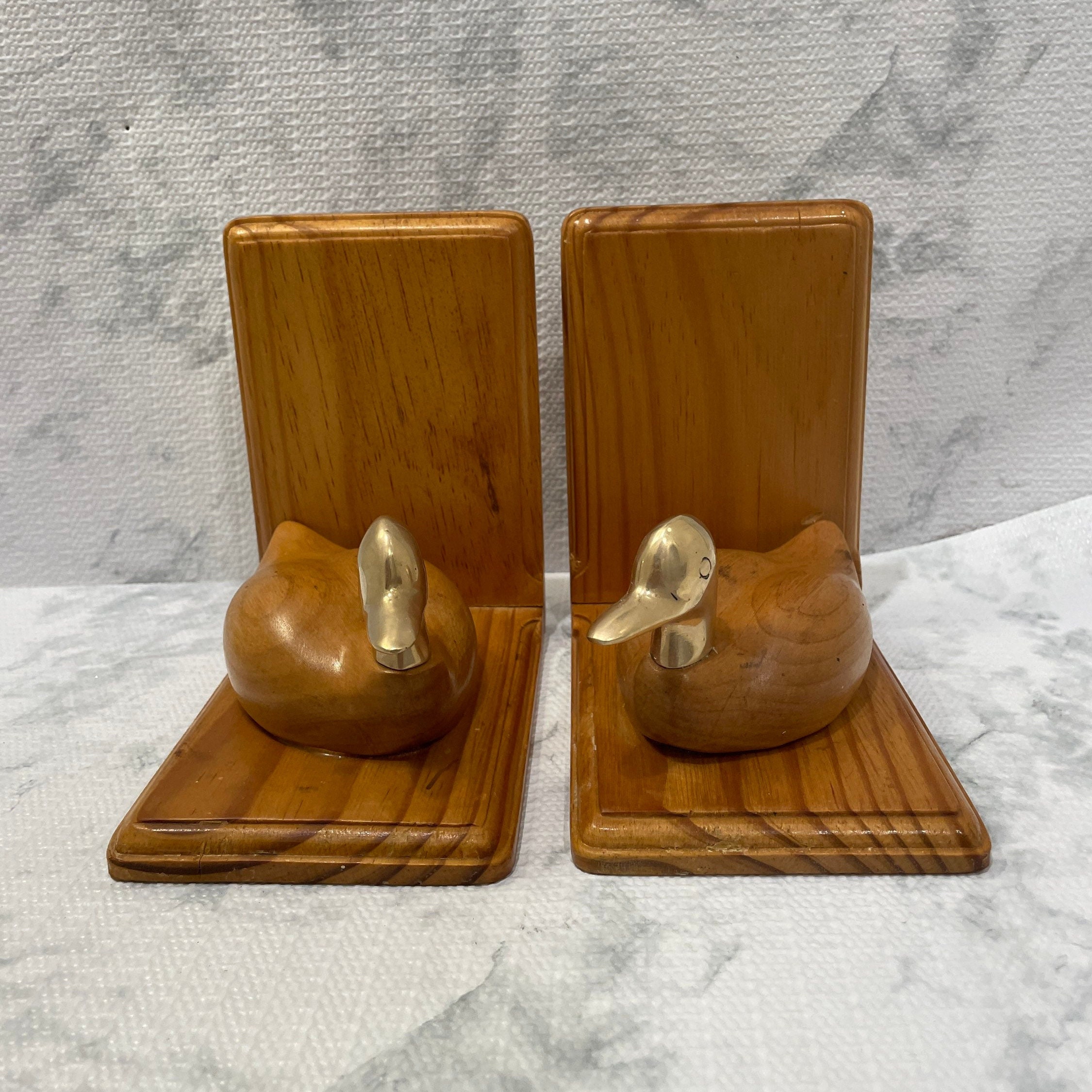 Vintage 1983 Enesco Wooden Duck Bookends - Rustic Mid-Century Design
