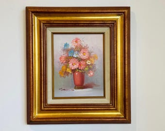キャンバスに油彩、ヴィンテージ 1970 バラの花瓶を描いた、巧みに描か