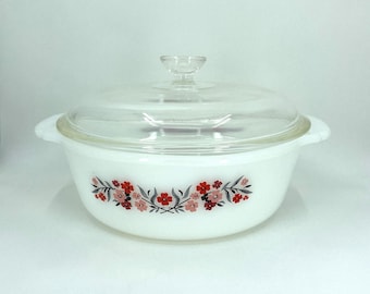 Vintage Fire-King 1 Qt Auflaufform mit Blumenmuster und Deckel