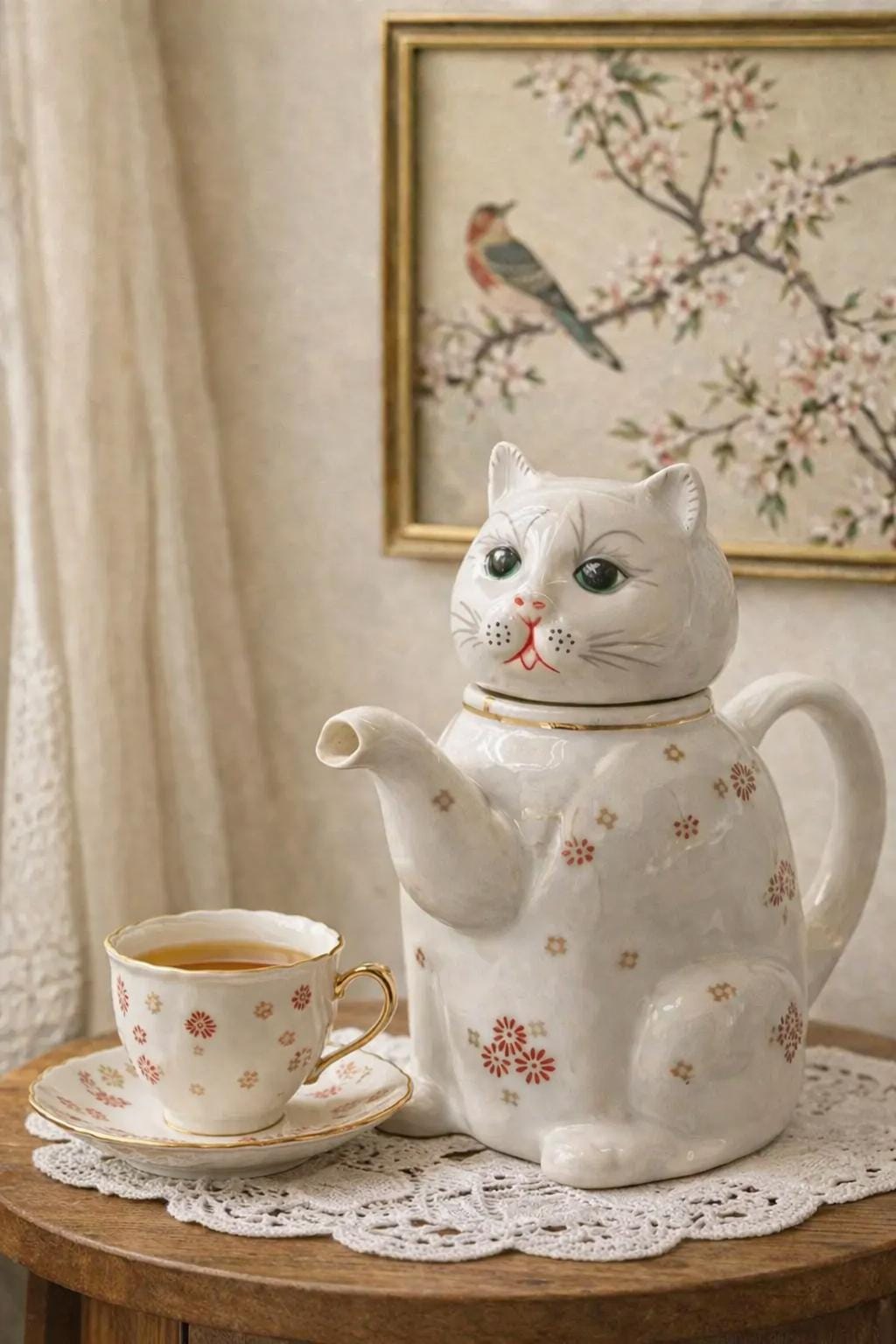 ヴィンテージ猫型ティーポット - 台湾製、取り外し可能な蓋、欠けや