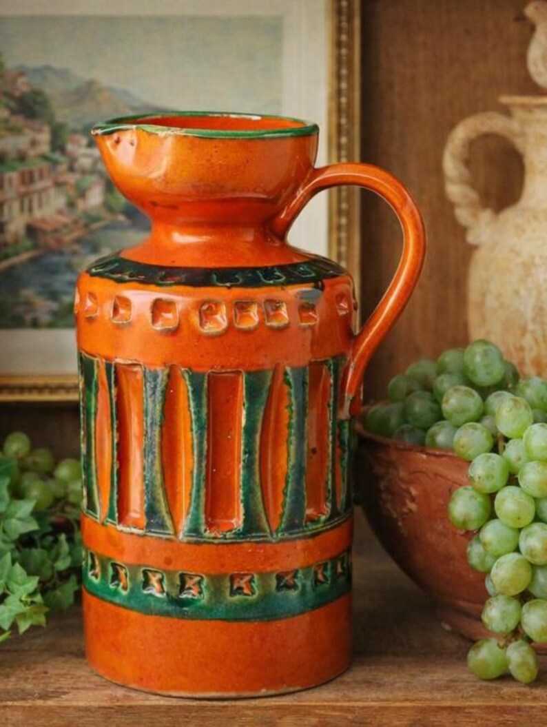 Vintage Italian Pottery Pitcher – Bitossi Style – Orange & Green Glaze ...