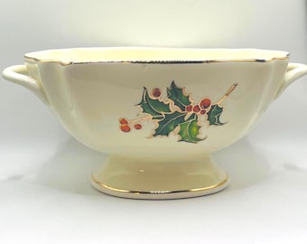 Teleflora Holiday Holly Bowl with Gold Accents – Front & Back Design – Gently Pre-Loved